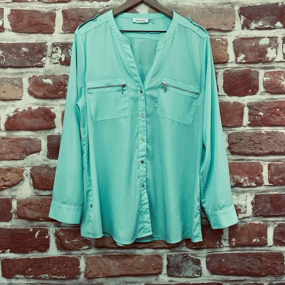 Calvin Klein Top Shirt Women's XL Aqua Blue Logo Zip Roll Tab Sleeves